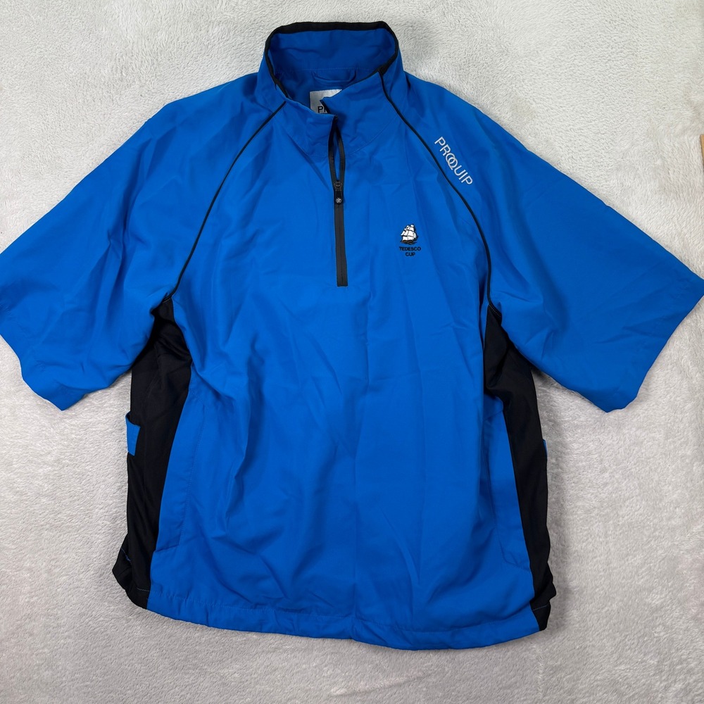 PROQUIP Mens Large Blue Windproof Golf Pullover Jacket Tedesco‎ Cup Short Sleeve